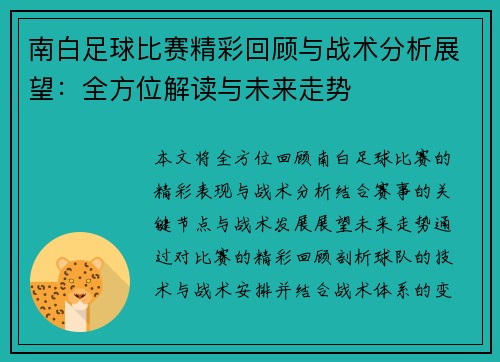 南白足球比赛精彩回顾与战术分析展望：全方位解读与未来走势